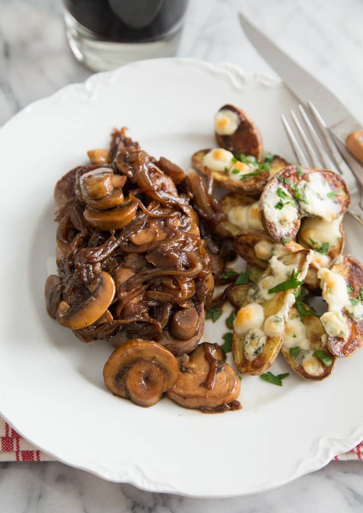 Steak with Drunken Mushrooms, Caramelized Onions & Roasted Blue Cheese Potatoes