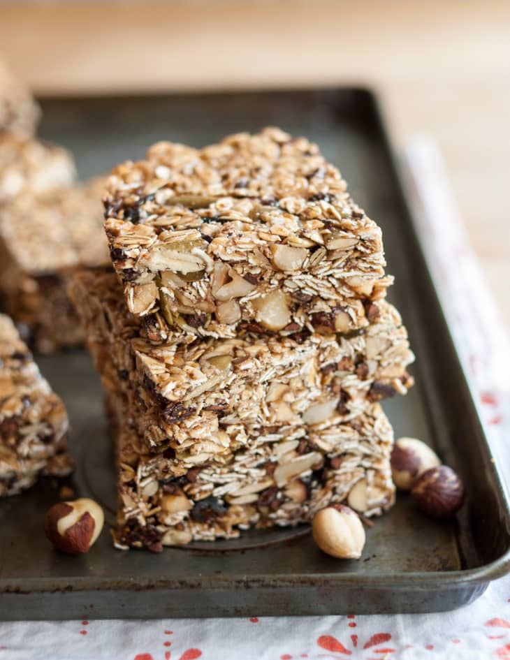 Hazelnut-cocoa granola bars stacked on top of each other