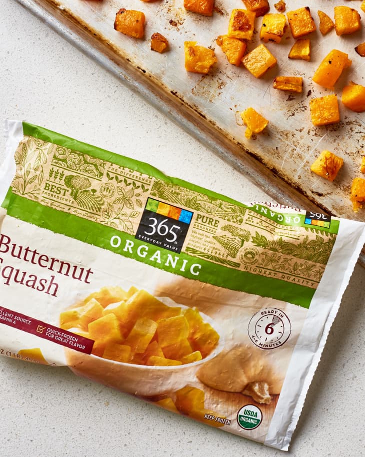A package of 365 frozen butternut squash and roasted butternut squash on a baking sheet
