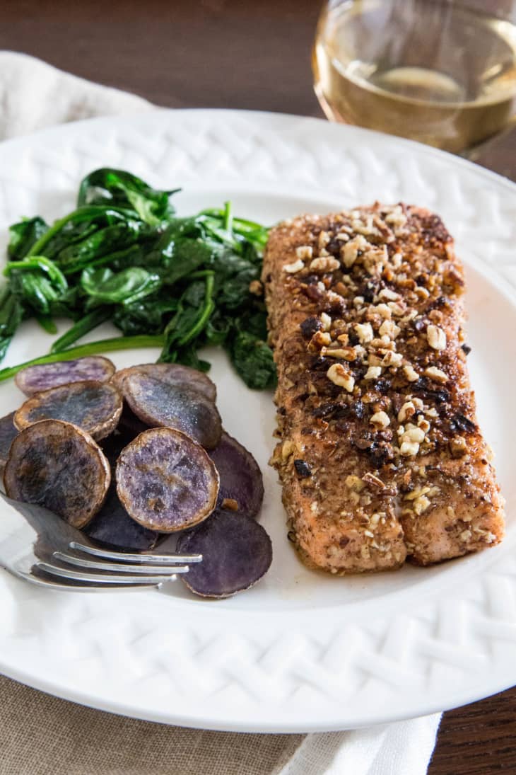 Pecan-Crusted Salmon with Sautéed Greens & Potatoes	 