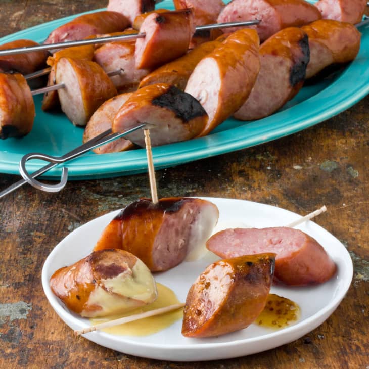 Grilled Smoked Sausage Skewers with Three Zesty Sauces