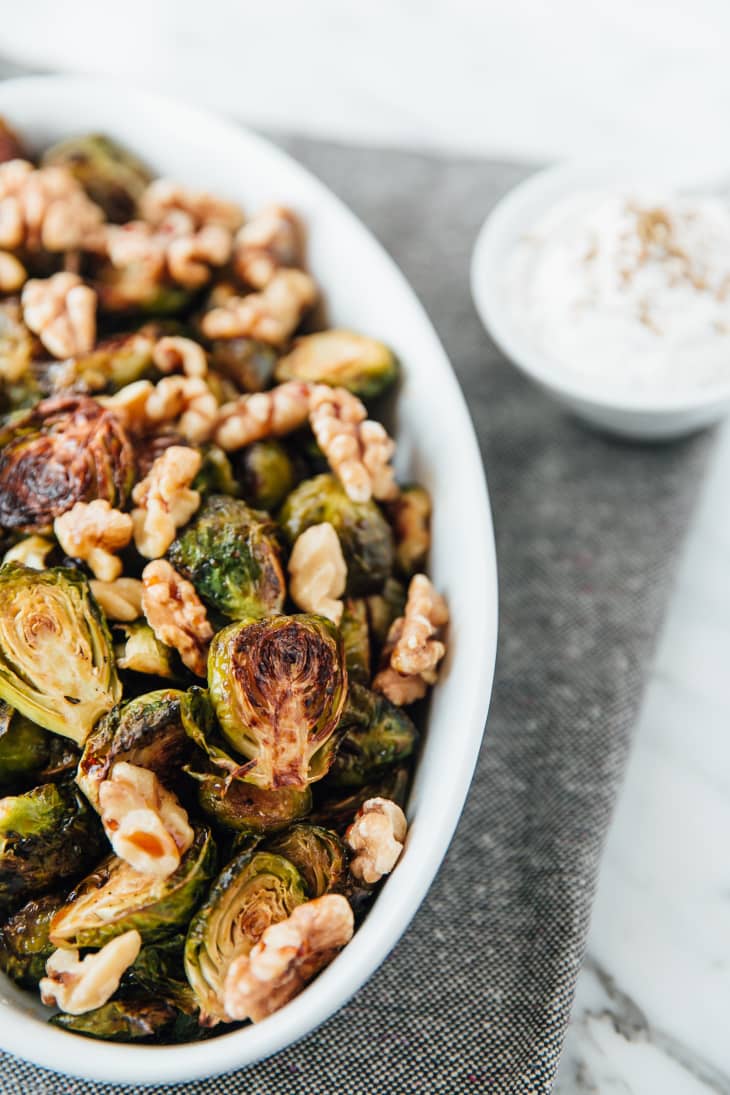 Roasted Brussels Sprouts with Walnuts, Pomegranate Molasses & Shanklish