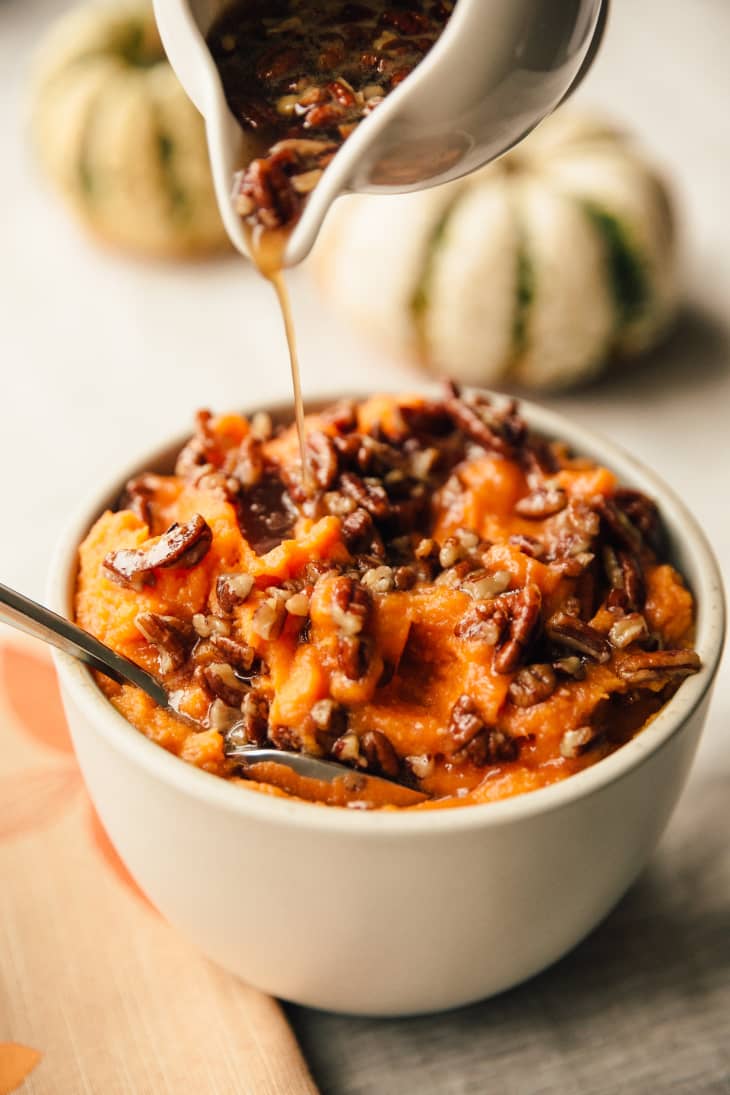 Stovetop Whipped Sweet Potatoes with Maple and Pecans 
