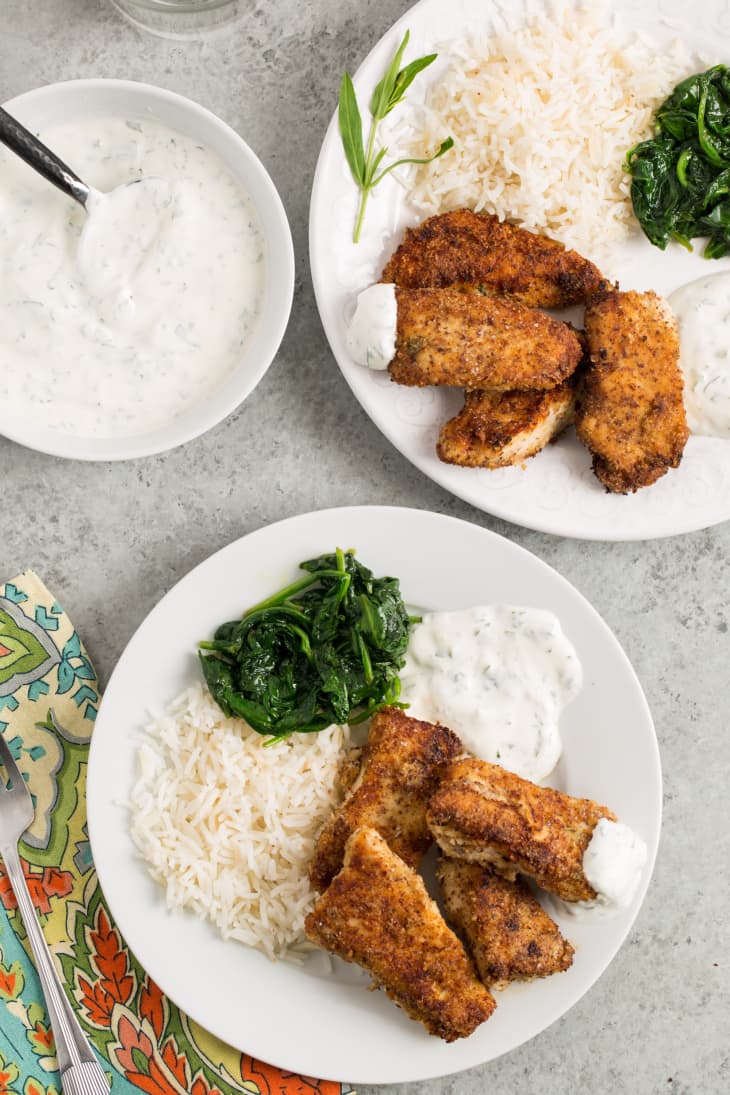 Almond-Crusted Chicken Fingers with Yogurt-Herb Dip