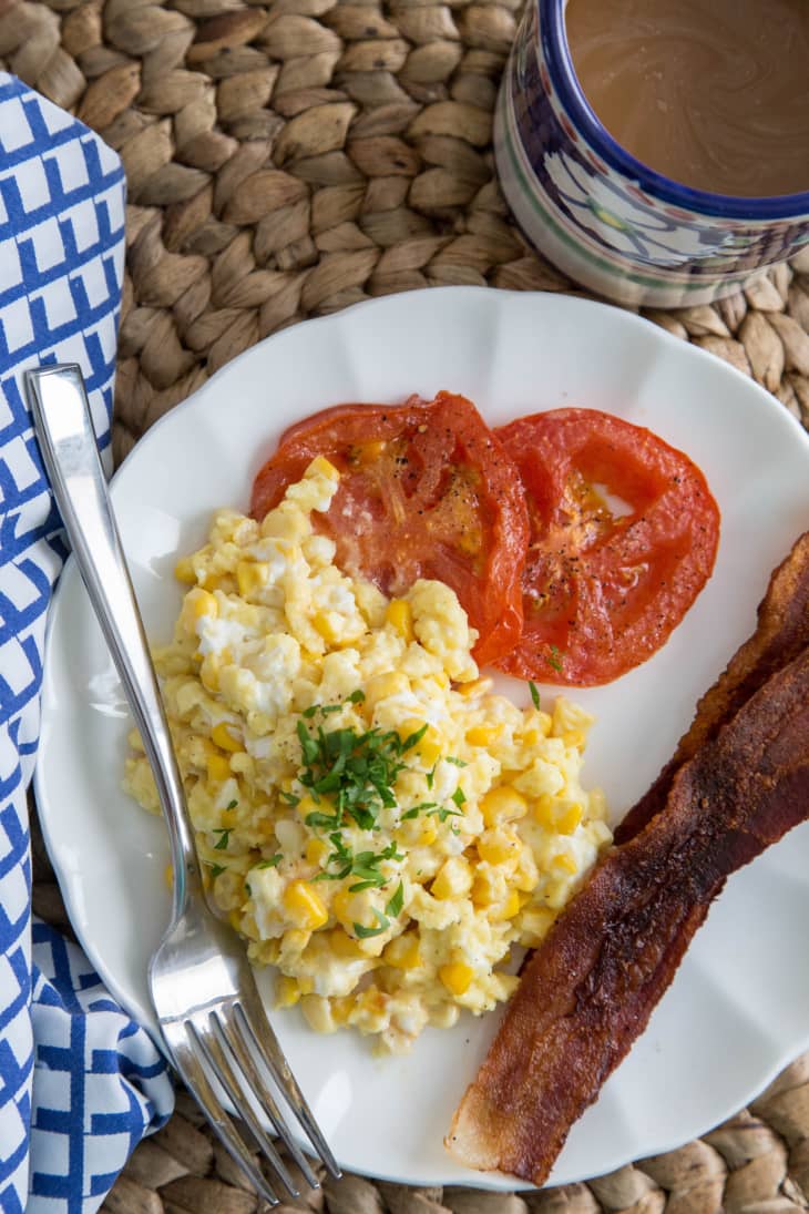 Breakfast Recipe Scrambled Eggs With Fresh Corn Goat Cheese Tomatoes Kitchn