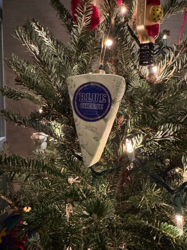 blue cheese ornament in tree
