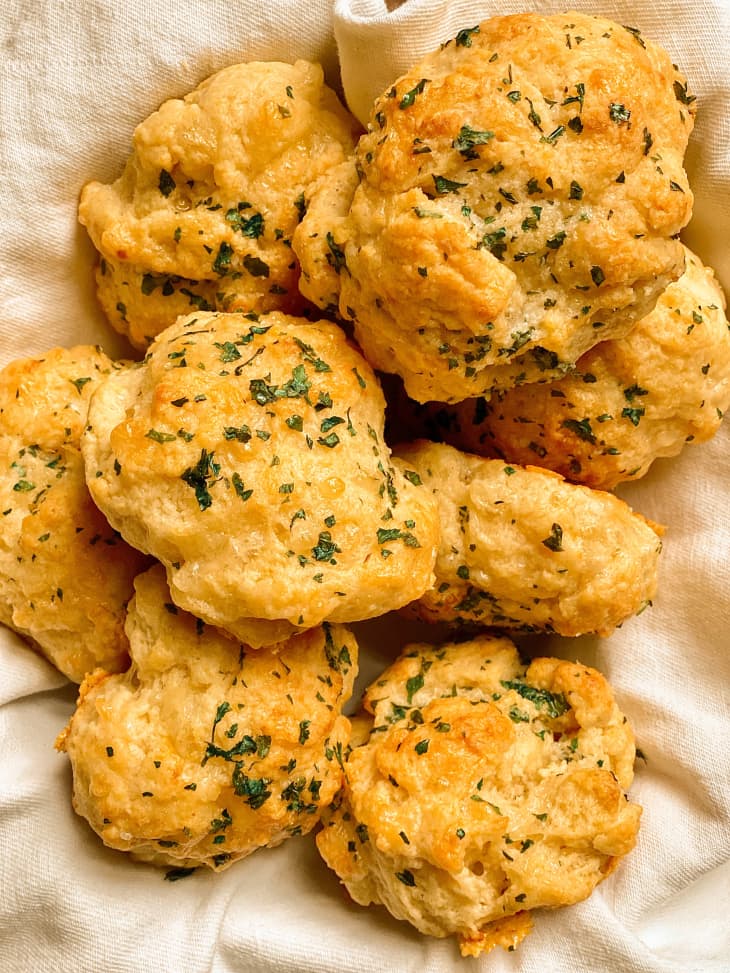 pile of Copycat Red Lobster Cheddar Bay Biscuits on cloth