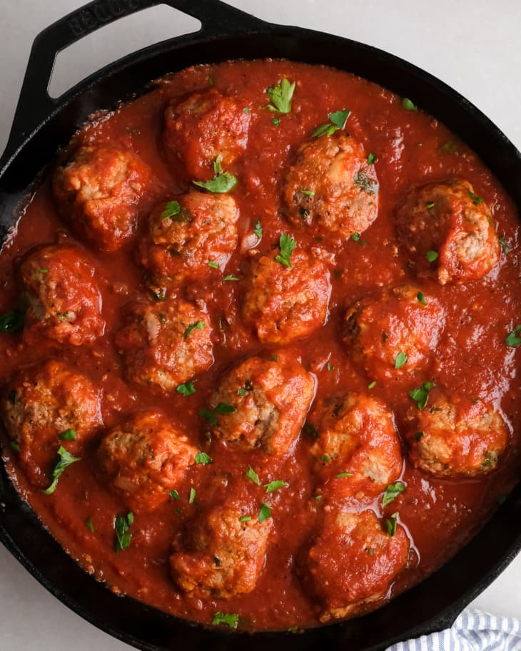 Taylor Swift Meatballs in sauce in cast iron pan