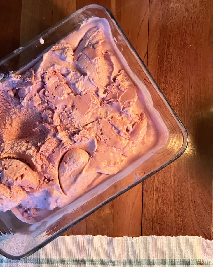 pyrex casserole dish filled with homemade strawberry ice cream
