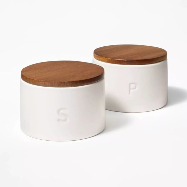Set of 2 Stoneware Salt and Pepper Cellar with Wood Lid Cream at Target
