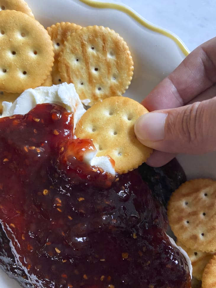 Cream Cheese, Raspberry Red Pepper Jelly Dip Recipe (with Ritz crackers