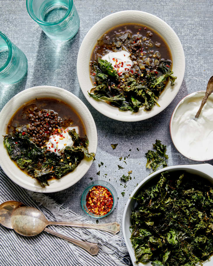 Lemony Black Lentil Soup With Crispy Kale And Yogurt Kitchn