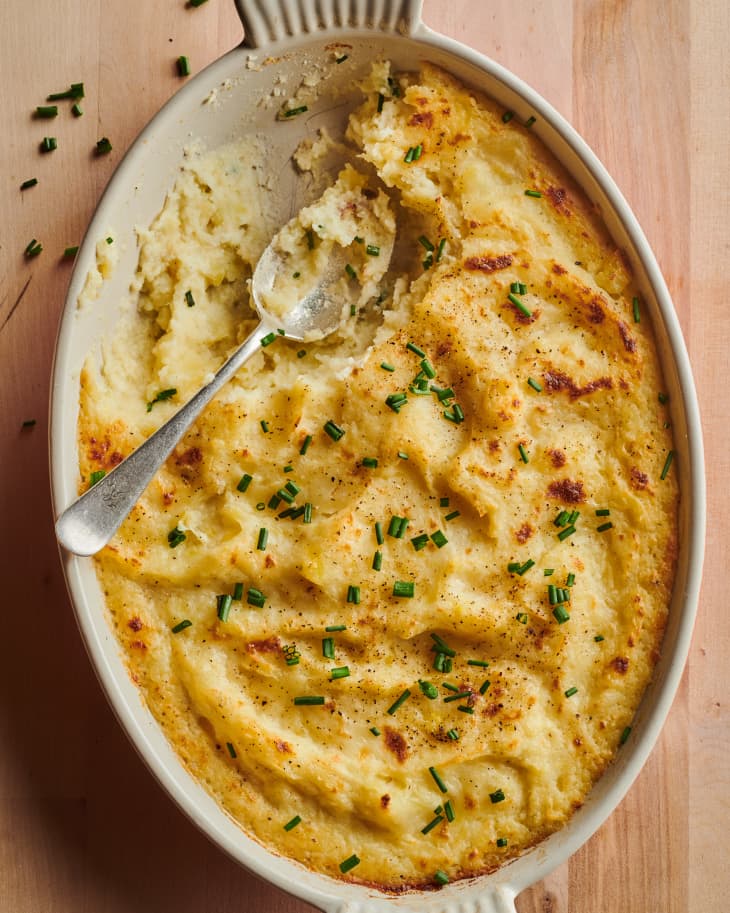 Cheesy Baked Mashed Potatoes Recipe With Parmesan And Cheddar Kitchn 