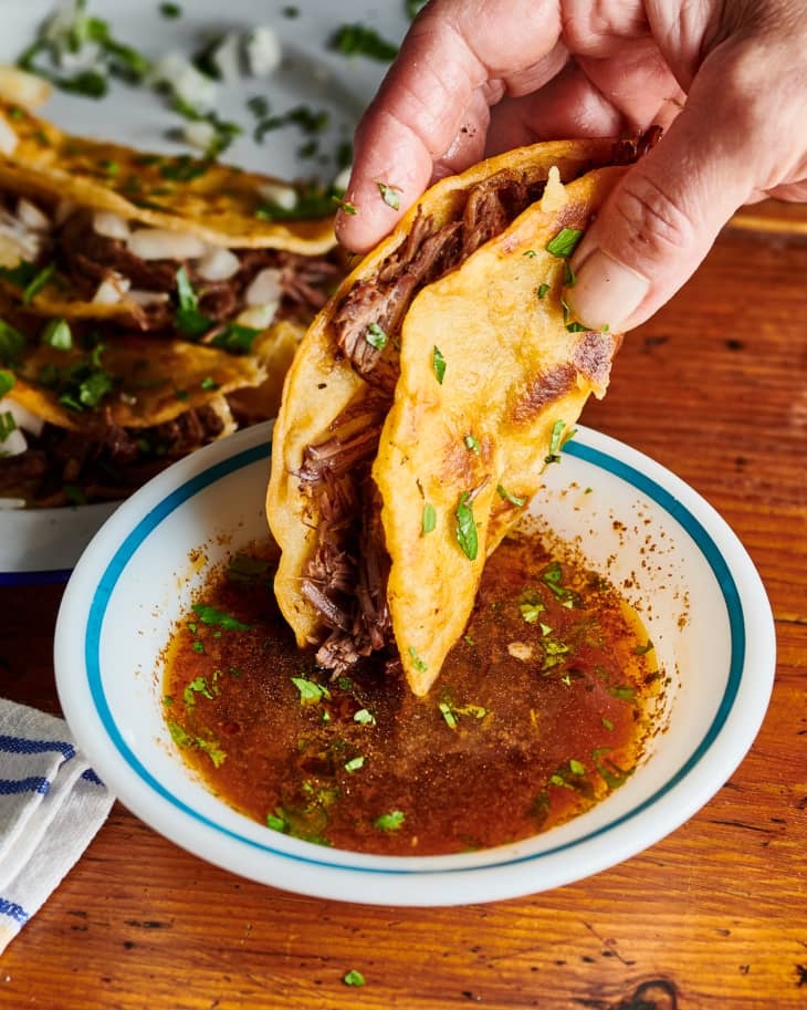 Instant pot birria tacos with consommé top