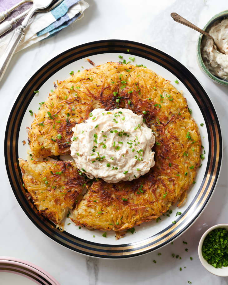 PotatoParsnip Rosti with Caramelized Onion Sour Cream Kitchn