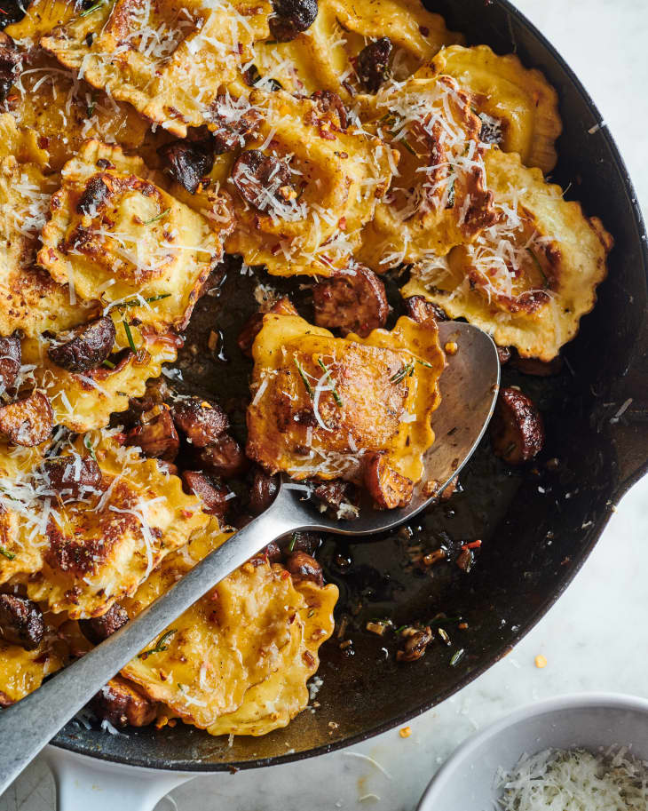 Crispy Skillet Ravioli with Garlic Butter Mushrooms The Kitchn