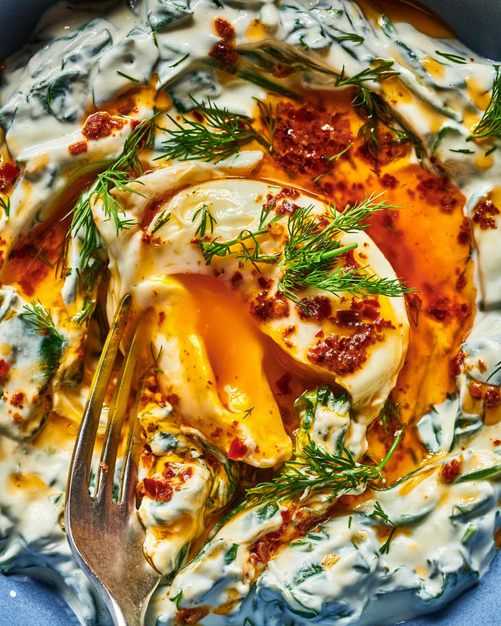 Persian Eggs Recipe (Borani Esfenaj with Poached Eggs and Aleppo Butter