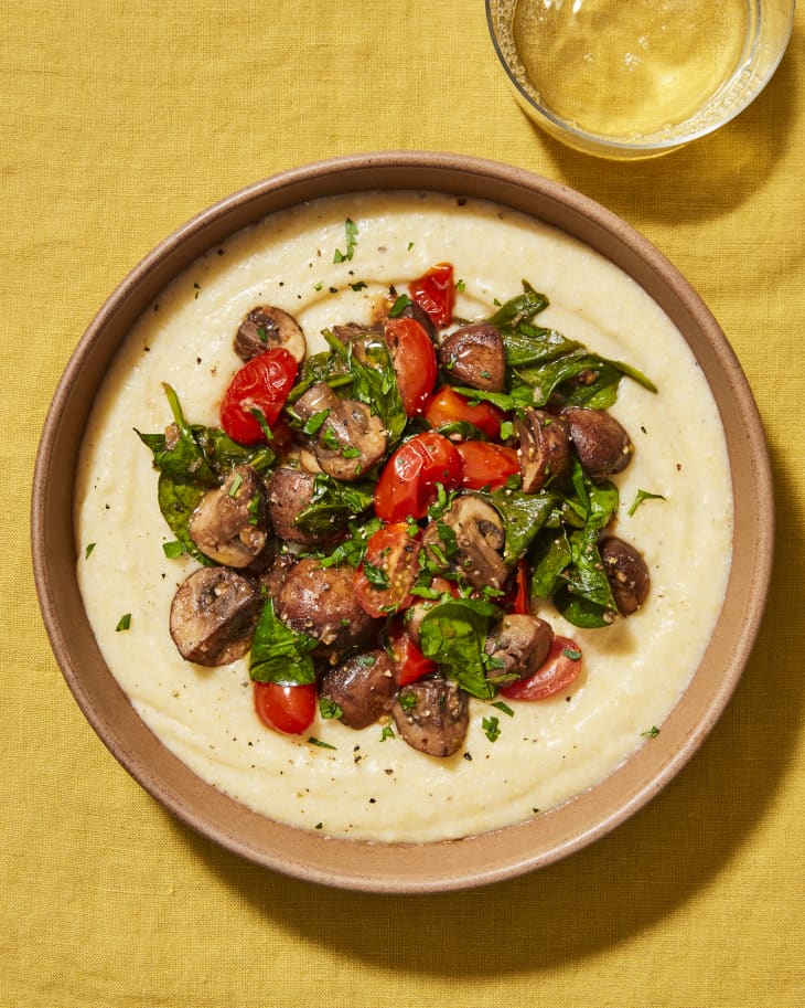 Creamy Vegan Polenta with Mushrooms, Tomatoes and Spinach Recipe Kitchn