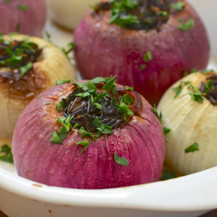 Recipe Roasted Onions Stuffed with Wild Rice and Kale Kitchn