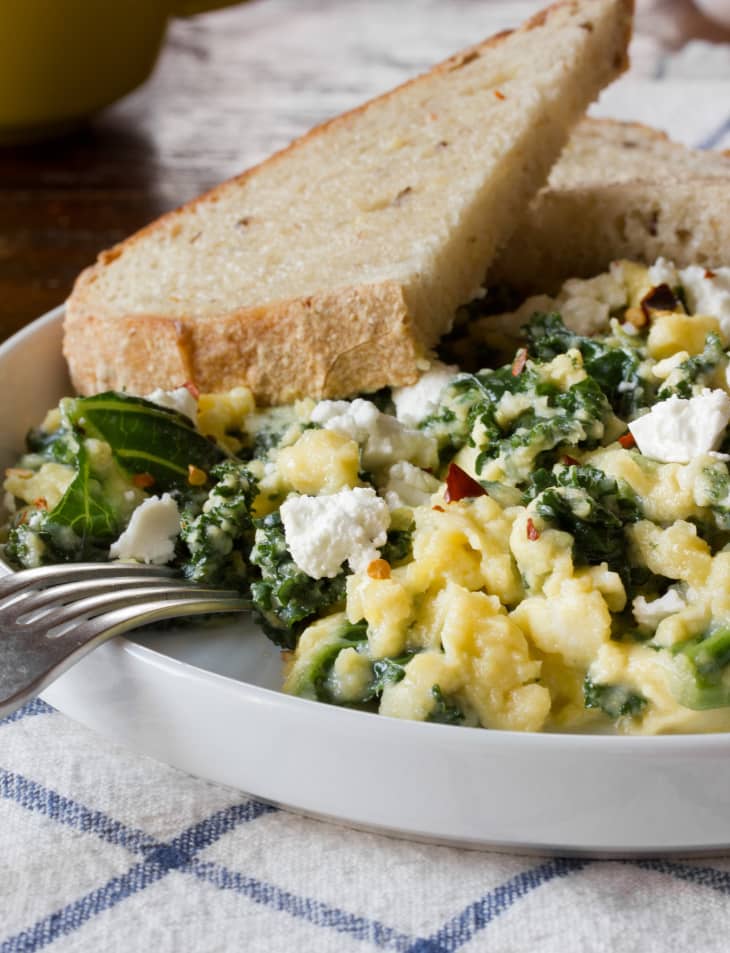 Breakfast Recipe Scrambled Eggs with Goat Cheese, Greek Yogurt & Greens The Kitchn