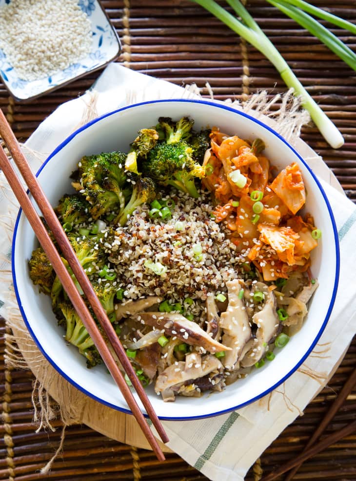 Recipe Quinoa Bowl With Kimchi Miso Mushrooms And Crispy Broccoli