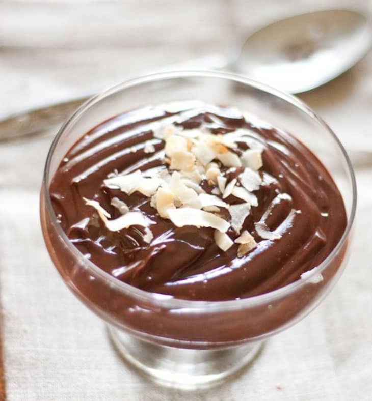 Dessert Recipe Coconut Chocolate Pudding with Coconut Flakes Kitchn