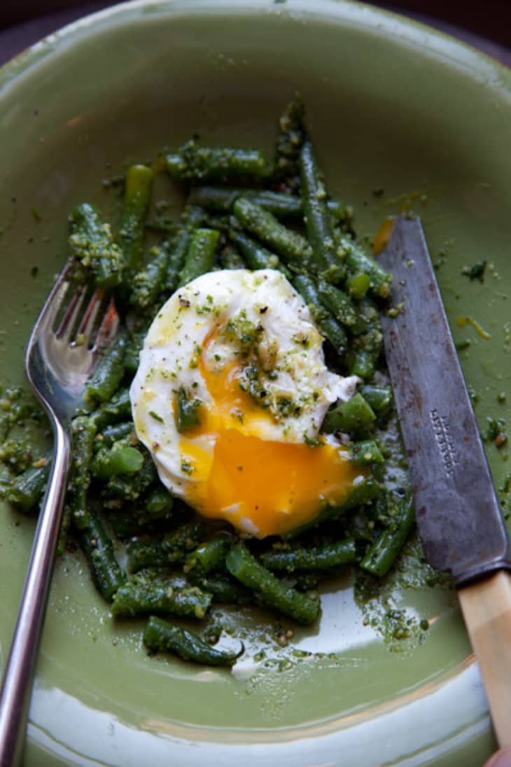 Recipe: Green Beans with Almond Pesto Under an Egg | Kitchn