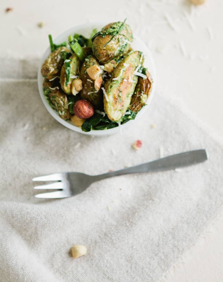 Recipe Roasted Fingerling Potatoes with Pea Shoots, Pesto & Hazelnuts