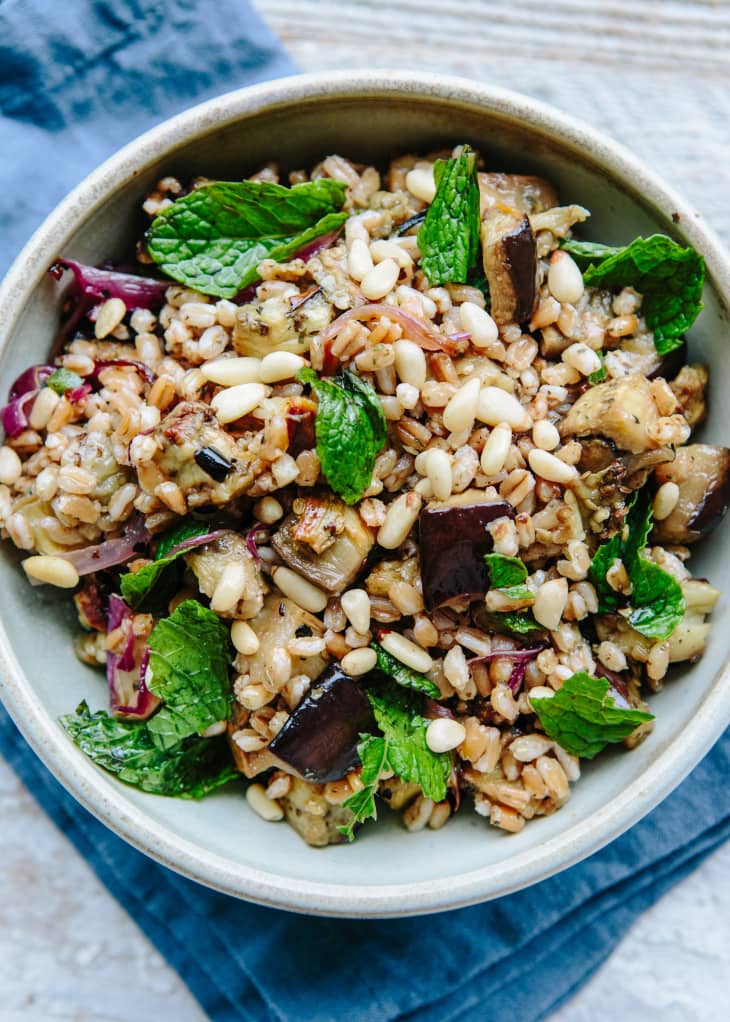 Recipe Farro Salad with Roasted Eggplant, Caramelized Onion, and Pine