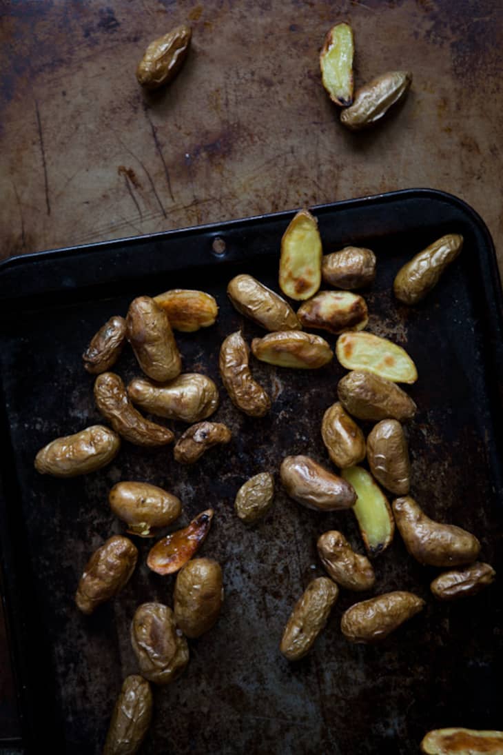 Recipe Roasted Fingerling Potatoes with Pea Shoots, Pesto & Hazelnuts