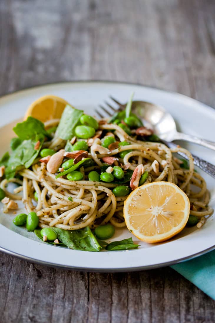 Recipe Lemony Pesto Pasta with Edamame & Almonds The Kitchn