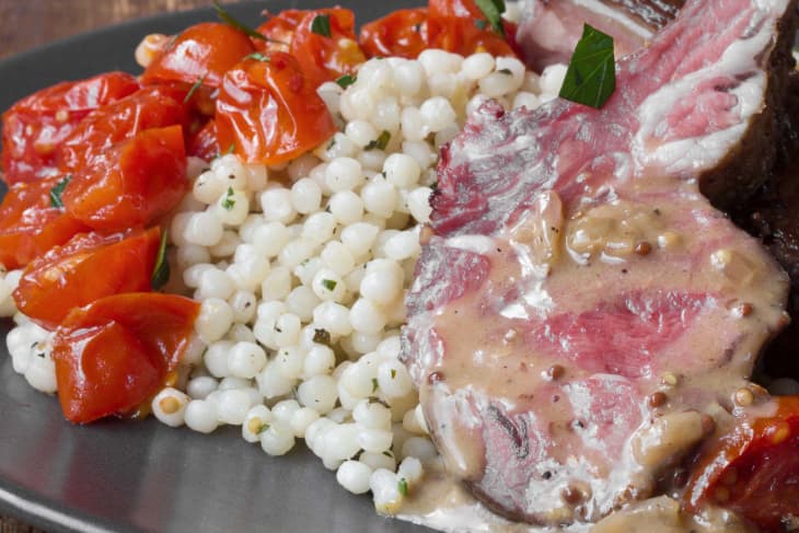 Recipe: Lamb Chops with Mustard Shallot Sauce, Roasted Tomatoes & Pearl