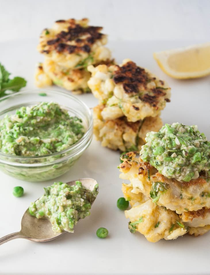 Recipe Cauliflower Fritters with Mint & Pea Spread The Kitchn