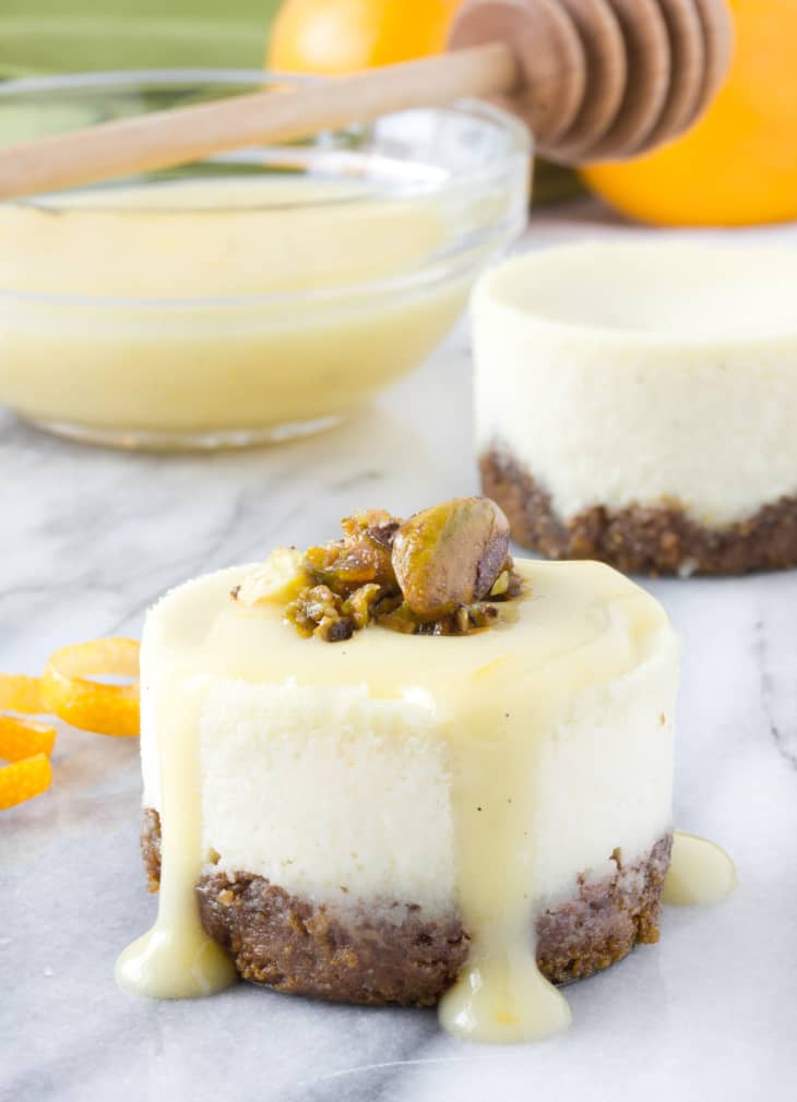 Recipe Goat Cheese, Honey & Pistachio Mini Cheesecakes with Meyer Lemon Cream Kitchn