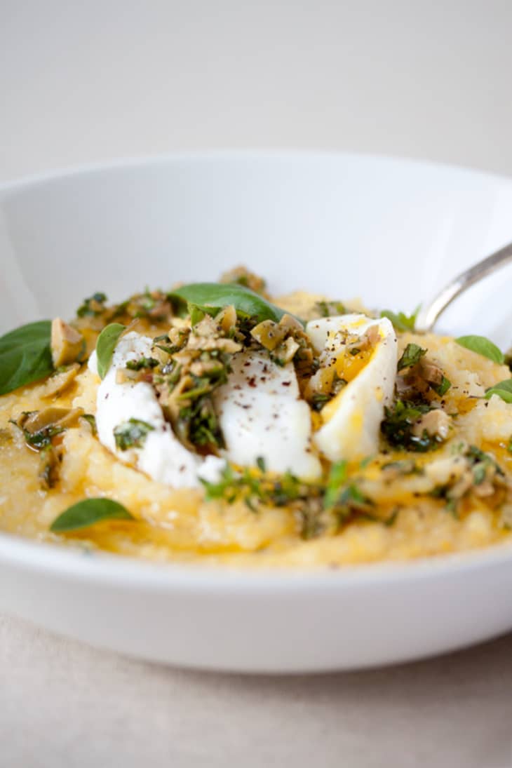 Poached Egg over Polenta with OliveHerb Pesto from Danielle of The