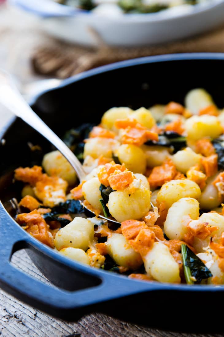 Recipe Gnocchi Skillet with Sweet Potatoes, Greens & Goat Cheese Kitchn
