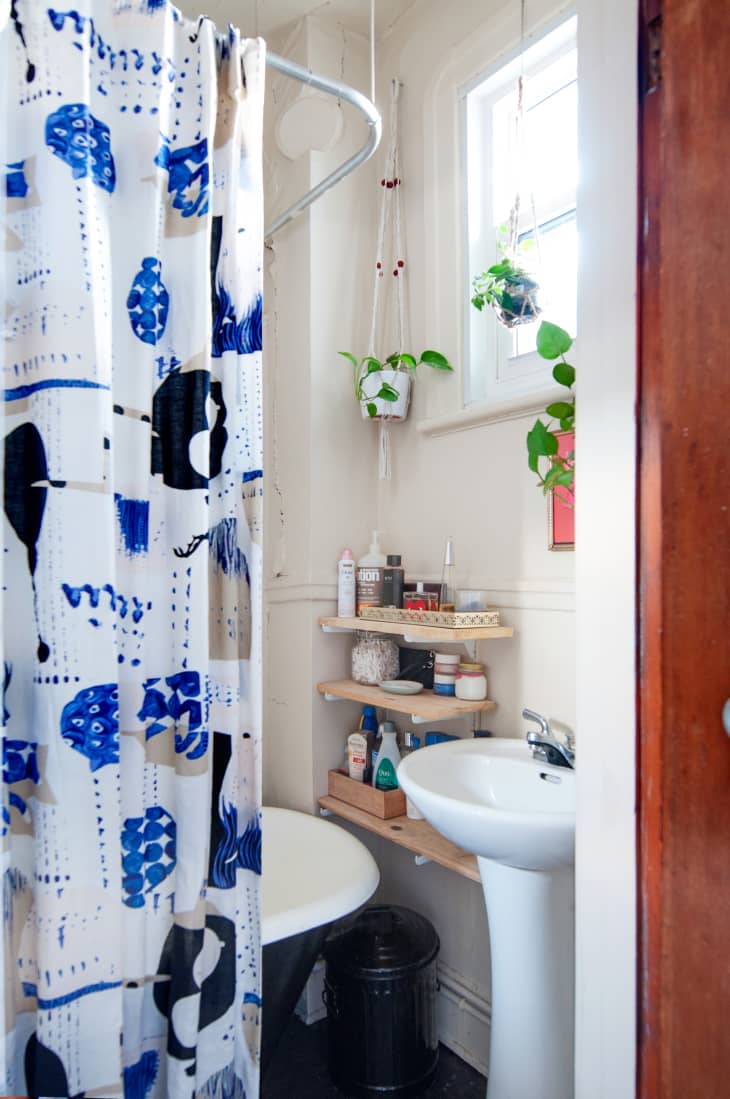 A bathtub next to a pedestal sink with a blue and white shower curtain and plants as decorations.