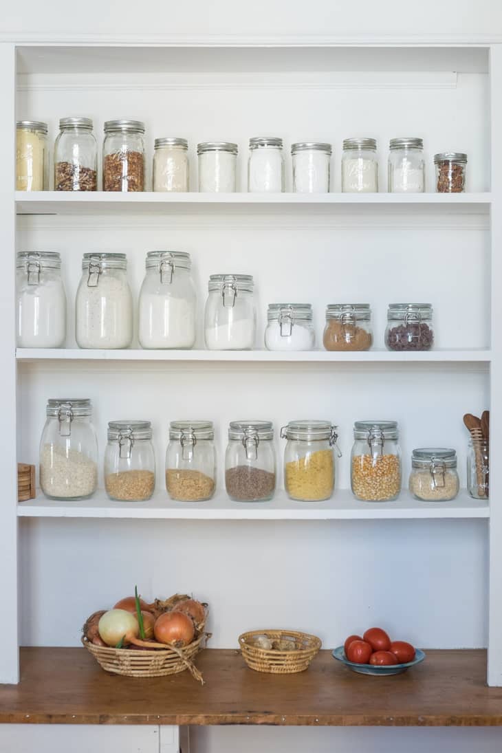 White Stacked Pantry Shelves with Labeled Mason Jars - Transitional -  Kitchen