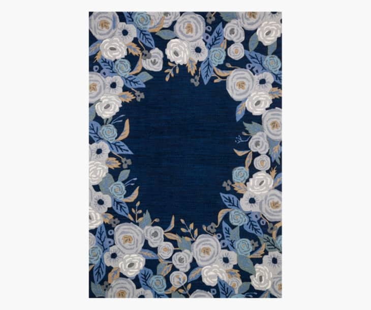 Juliet Rose Wreath Blue Wool-Hooked Rug, 5’ x 7’6” at Rifle Paper Co.