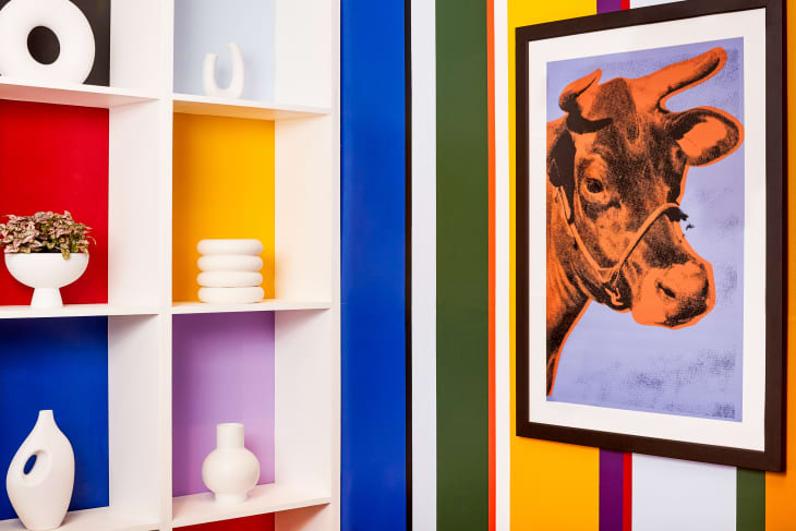 detail of brightly colored cube wall shelves, decorates with white objets. Bright striped adjoining wall with framed picture of cow
