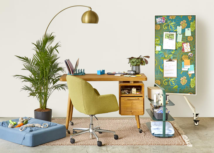 Head on view of a light wood desk, with a funky green desk chair. To the left of the desk is a gold floor lamp, a potted palm and blue dog bed.