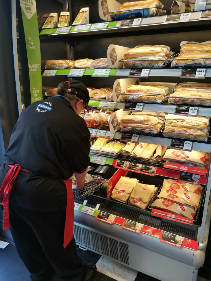 Glasgow, UK - 25th May 2018: Lunch sandwiches on display on the shelves of a local Greggs in New Gorbals district of Glasgow.