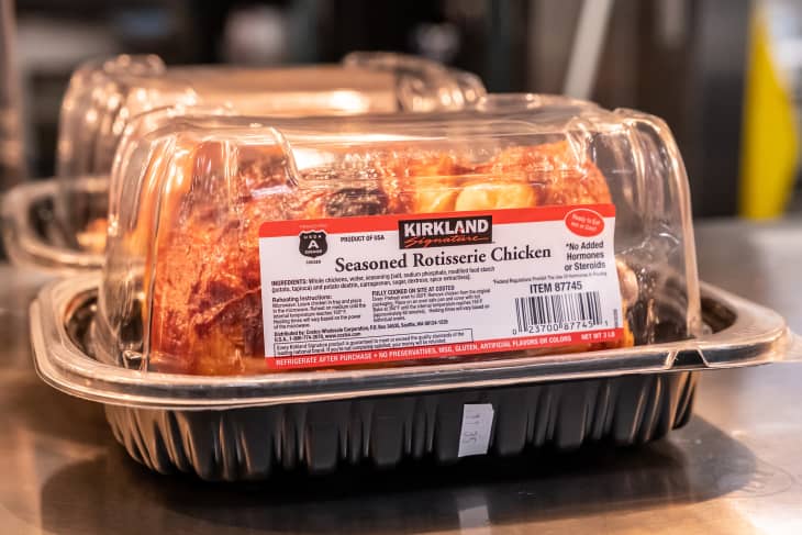 Kirkland brand seasoned rotisserie chickens for sale at a Costco Mega Discount Store