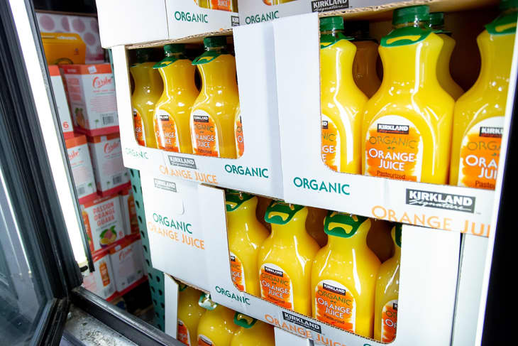 A view of several containers of Kirkland Signature orange juice, on display at a local Costco store.