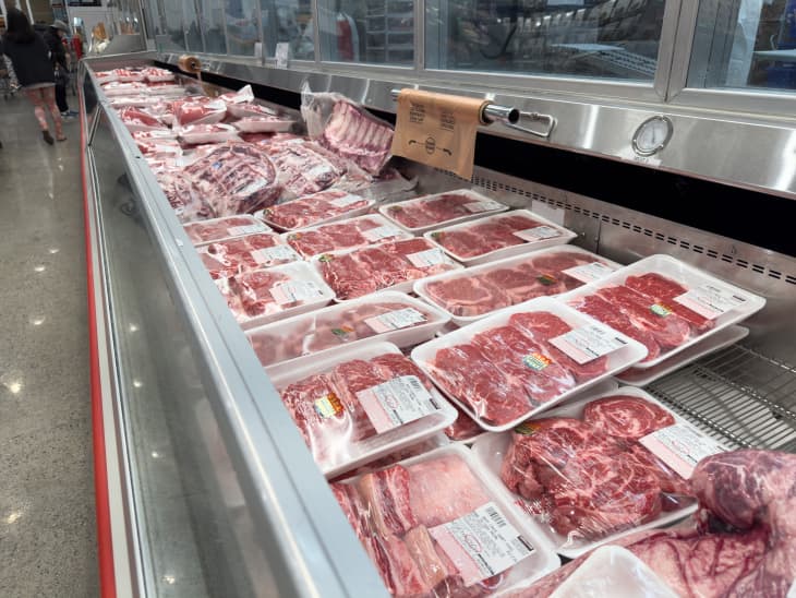 A view of the meat display, featuring cuts of Kirkland Signature beef, seen at a local Costco store.