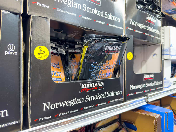 A view of several packages of Kirkland Signature Norwegian smoked salmon, on display at a local Costco.