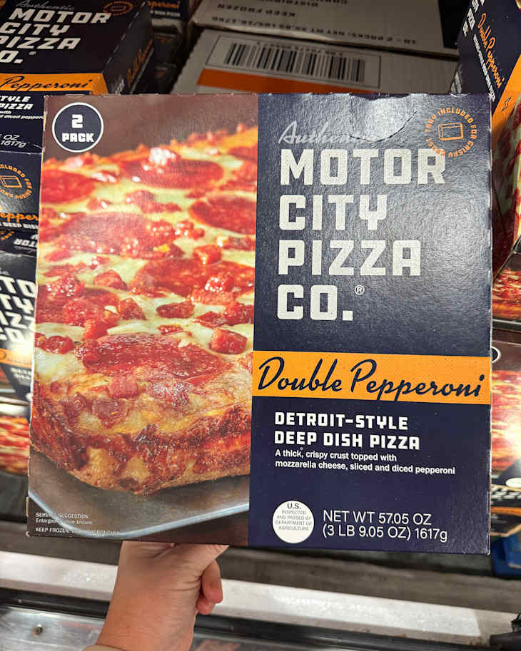 Frozen deep dish pizza box featuring double pepperoni, with a thick crust and mozzarella cheese.