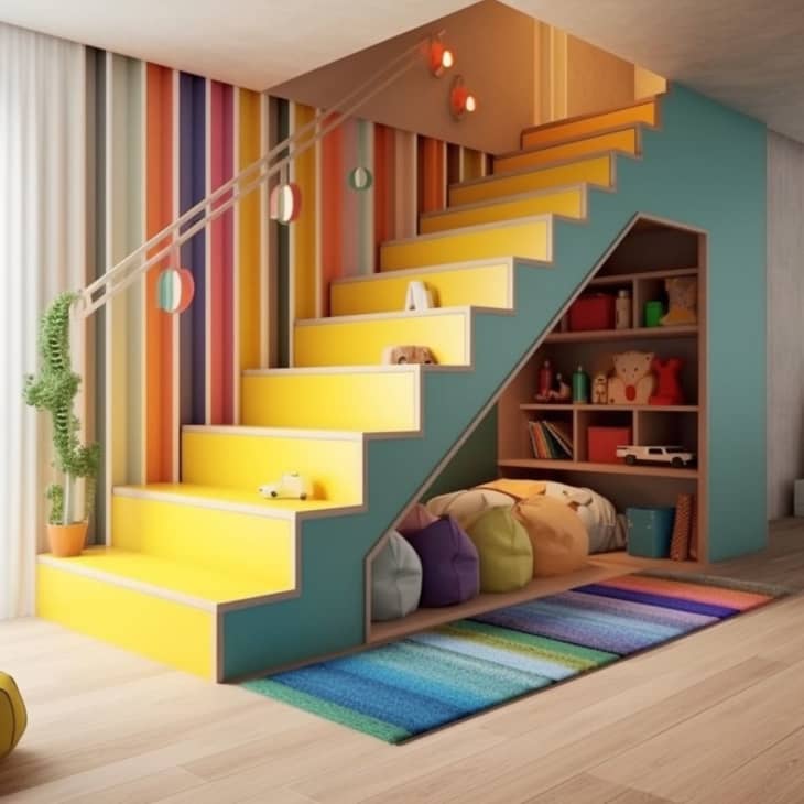 a colorful children's nook is hidden beneath a colorful staircase