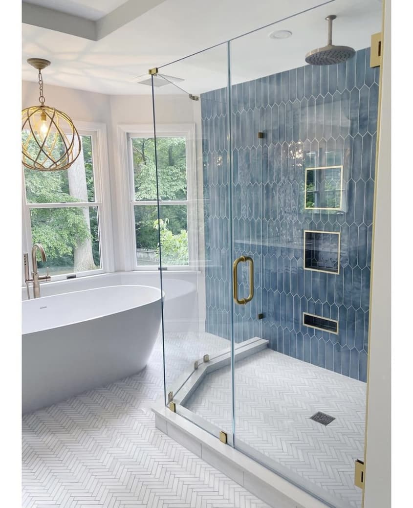 White Bathroom with Blue Statement Wall