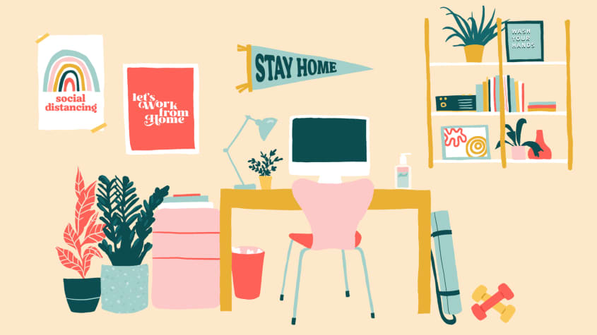 illustration of home office with stay home banner posters